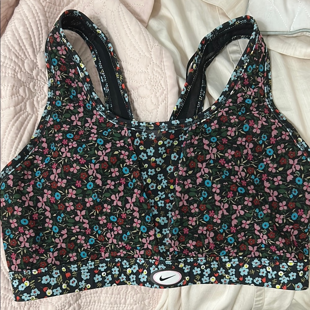 Nike Black Floral Sports Bra with Pink and Blue Flowers